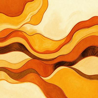 The primary subject of the image is a painting of a colorful, swirling pattern. The setting is a canvas, and the visual style is a painting. The dominant colors in the painting are orange and brown, creating a warm and vibrant atmosphere.